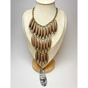 David Aubrey 21" Statement Necklace Brasstone Brown Bead Teardrop Stone Pendant